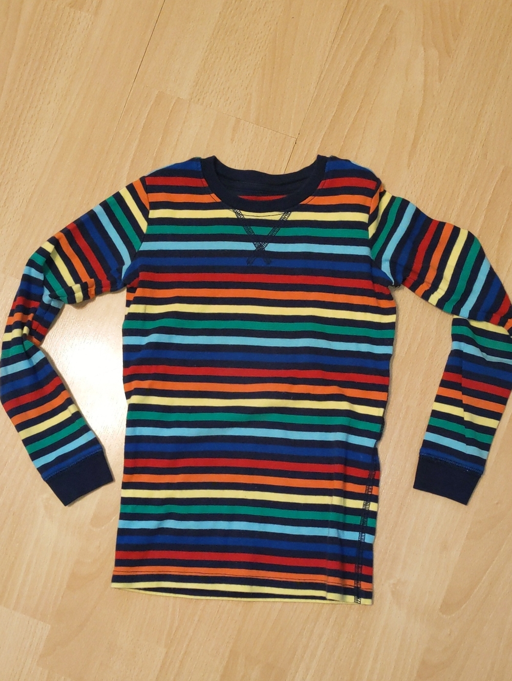 Primary Long Sleeve Rainbow Stripe Pajama Top Navy, Red, Yellow, Green, Blue